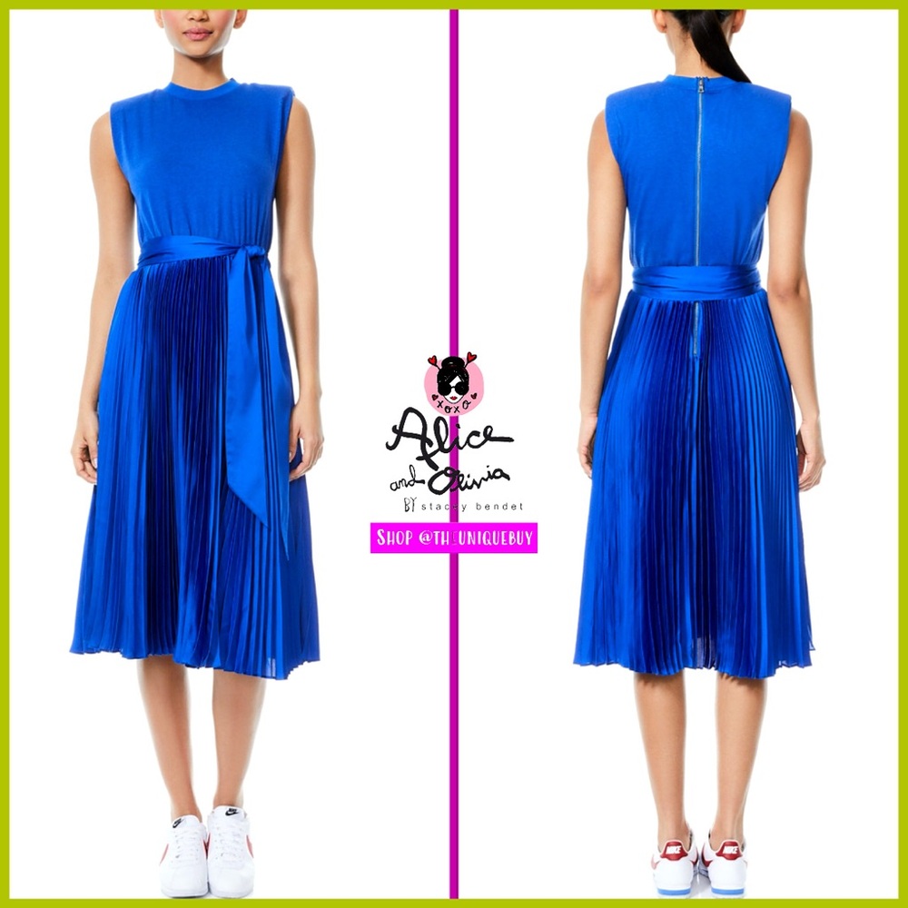 Alice + Olivia Yuki Strong Shoulder Pleated Blue Midi Dress